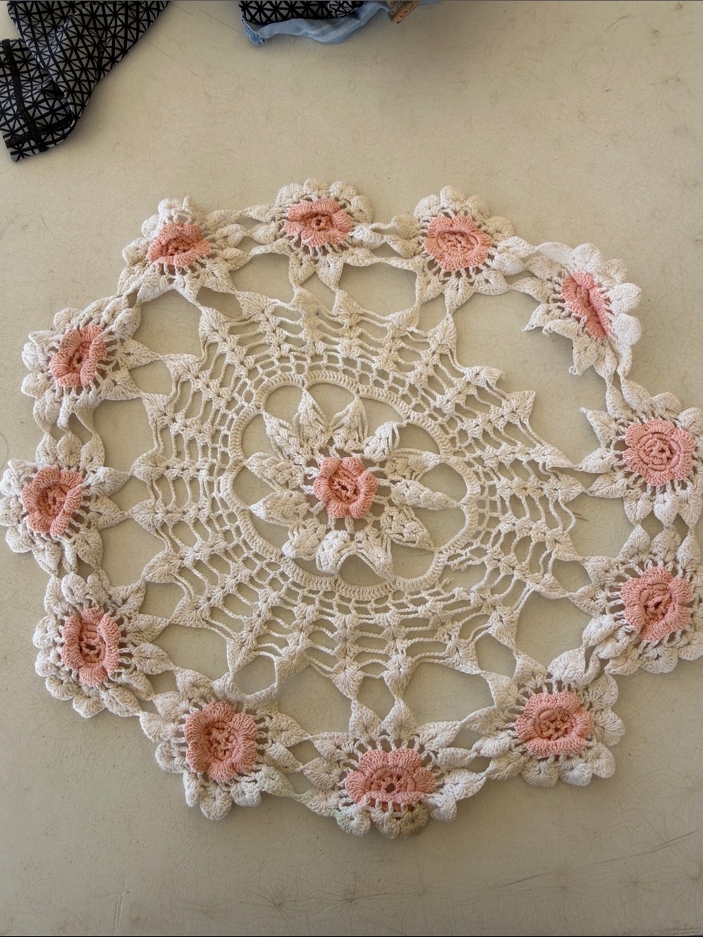 Handmade Crochet Doily - Cream and Pink Floral Design